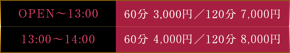Open～13:00 60分3000円 120分7000円 / 13:00～14:00 60分4000円 120分8000円